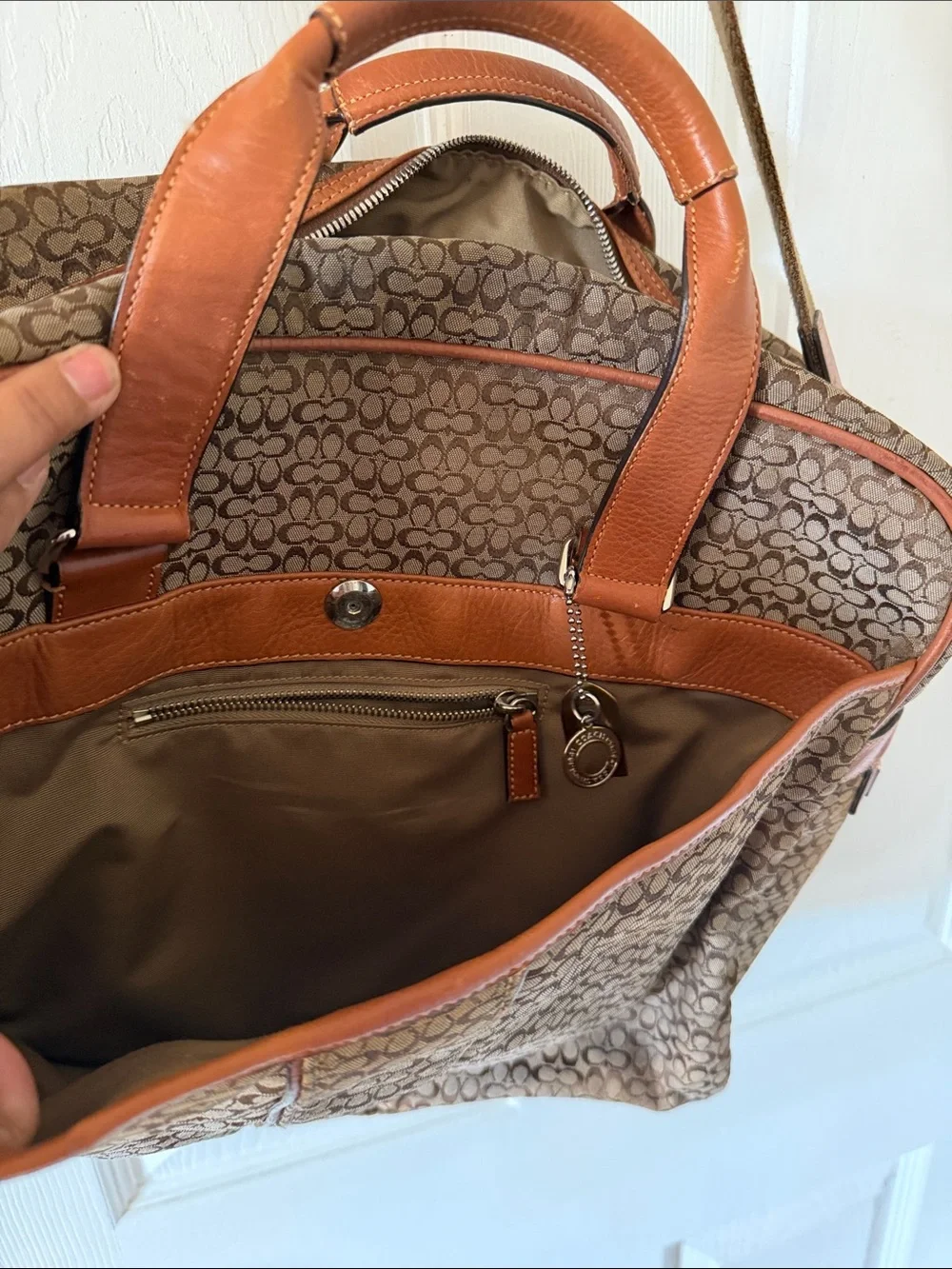 Large Coach Signature Canvas Briefcase with Tan Leather Trim